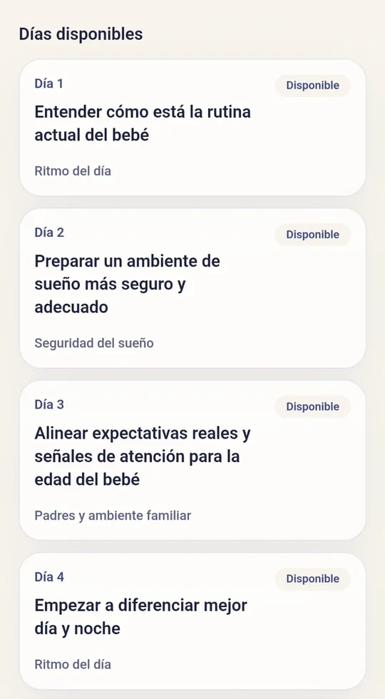 Pantalla de la aplicación con la lista de días disponibles de la ruta, cada día con su título y su tema, como Ritmo del día y Seguridad del sueño