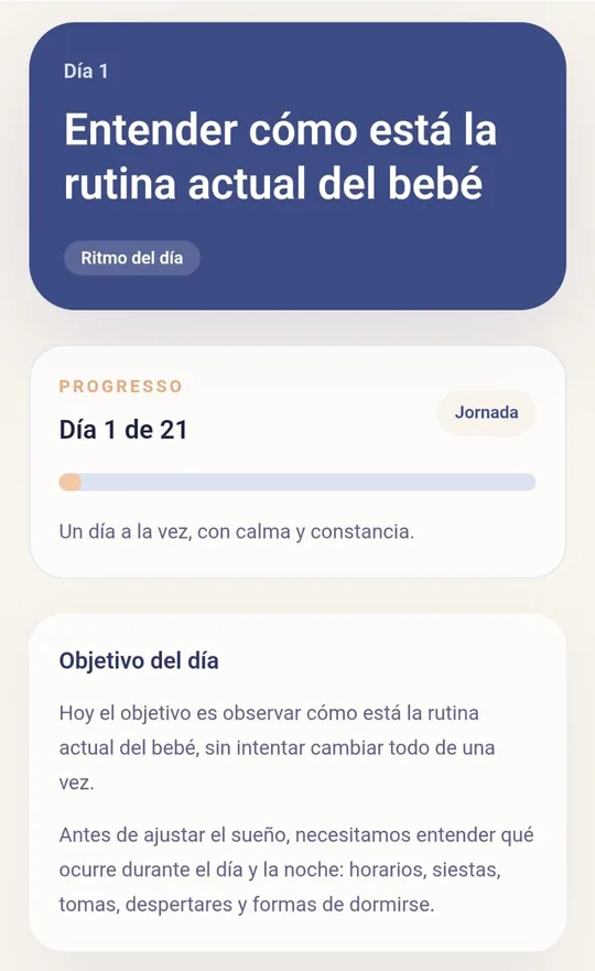 Pantalla de un día en la aplicación: el progreso dentro de la ruta y el objetivo del día, observar cómo está la rutina actual del bebé