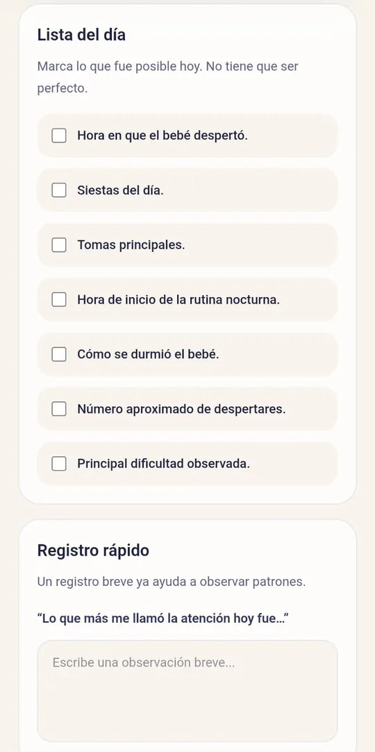 Pantalla de la aplicación con la lista del día, con puntos de la rutina de la noche para marcar, y el campo de registro rápido