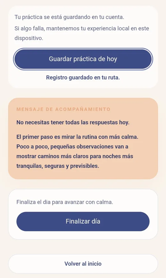 Pantalla de cierre del día en la aplicación: el registro guardado en la ruta, un mensaje de acompañamiento y el botón Finalizar día